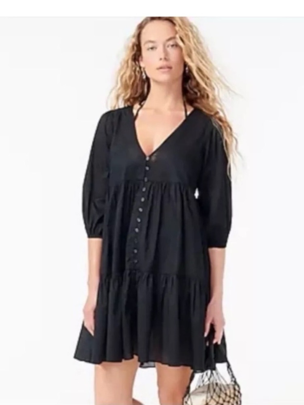 J.Crew black cotton button-front tiered beach dress medium